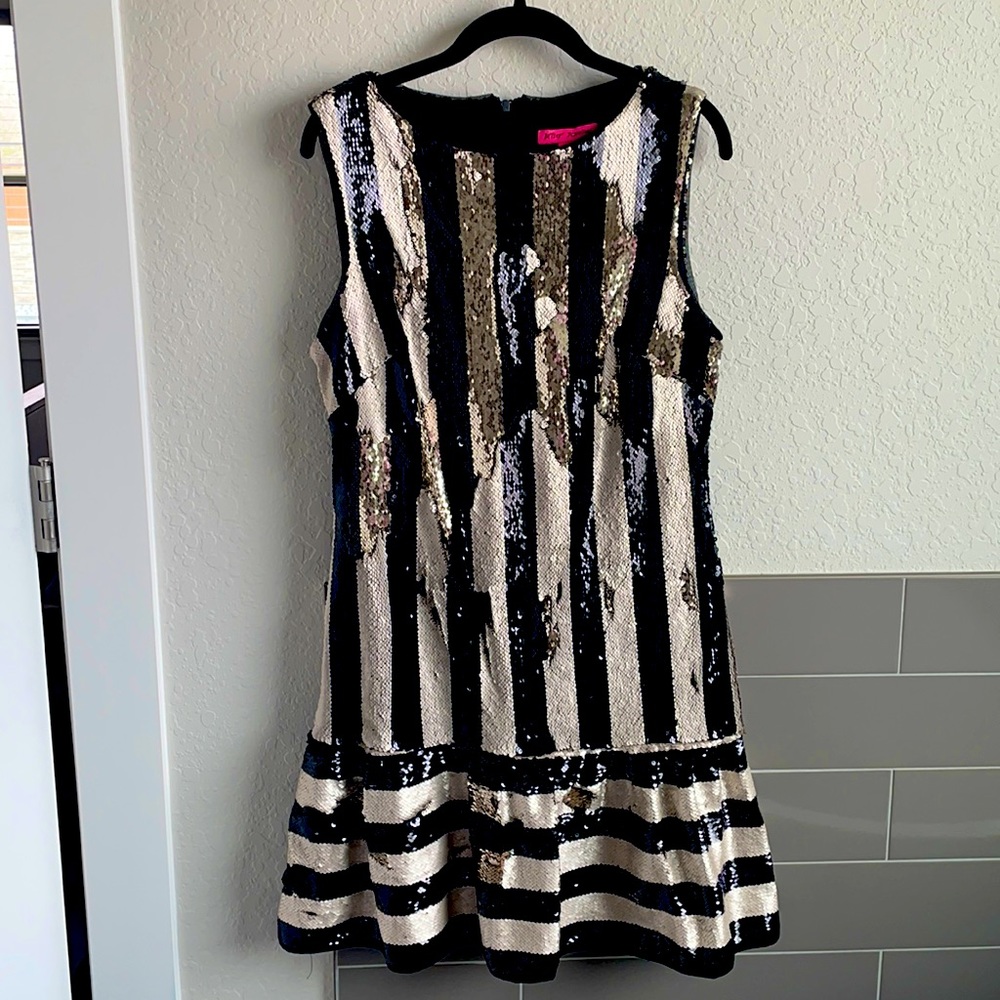 Betsy Johnson Sequin Stripetastic Dress Black and White Stripe Cocktail Dress